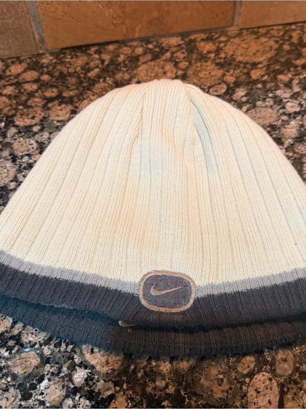 Nike Two-Tone Ribbed Beanie in Cream and Gray/ Reversible with Stripes inside.